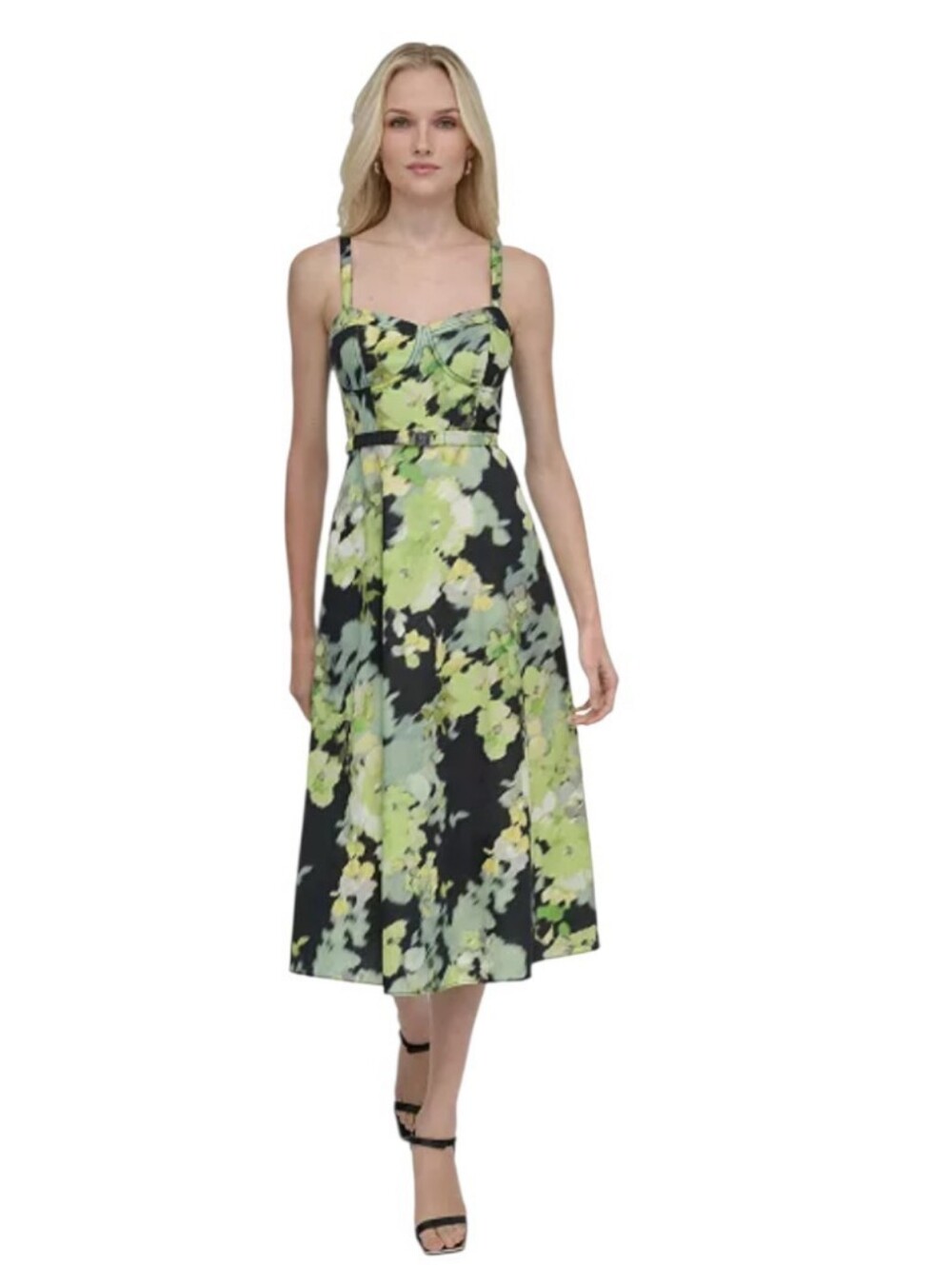 DKNY Women's Cotton Corset Belted Midi Dress Green Black NWT